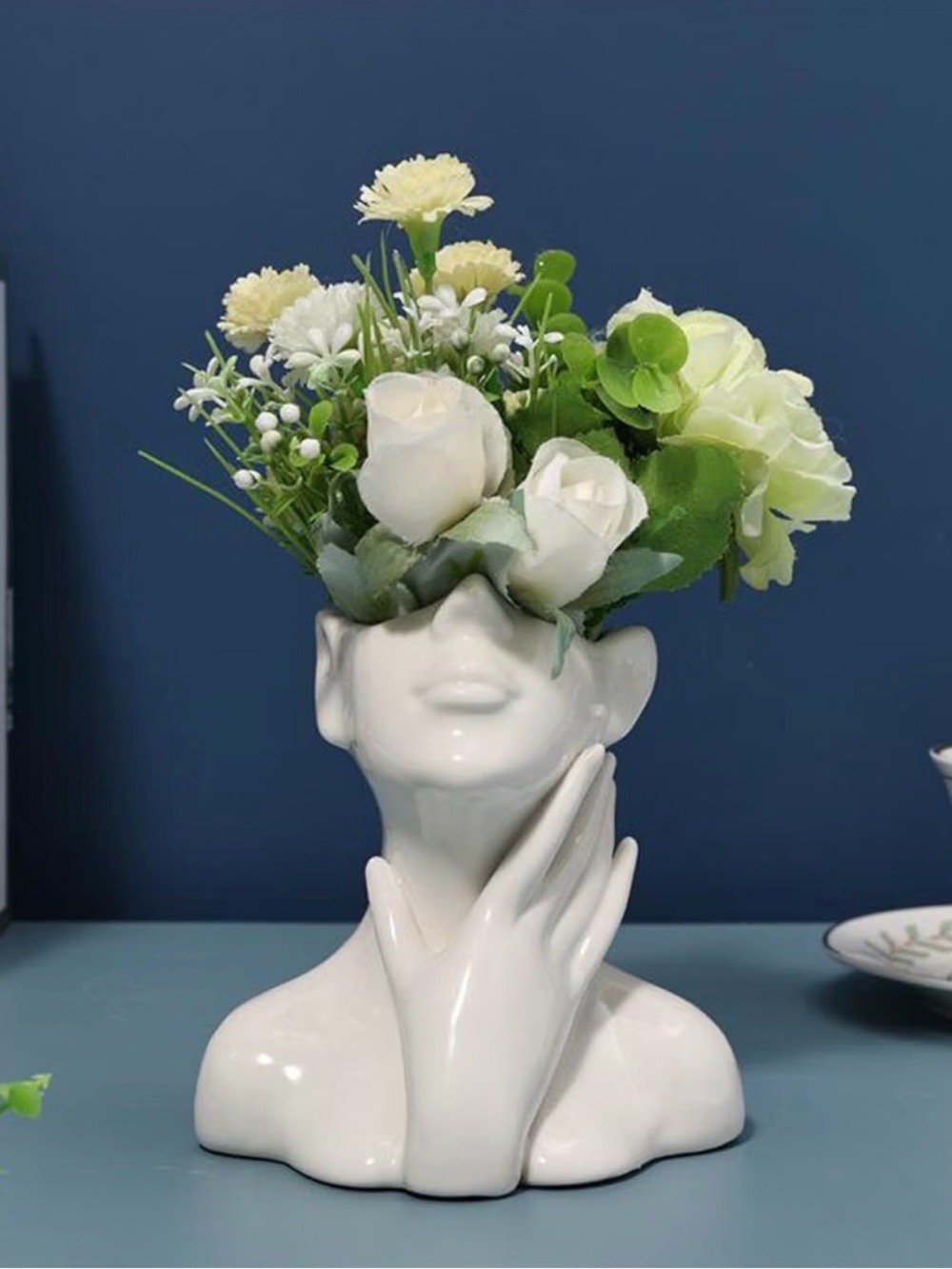 Contemporary White Ceramic Female Face Sculpture Vase - Picture 3 of 6